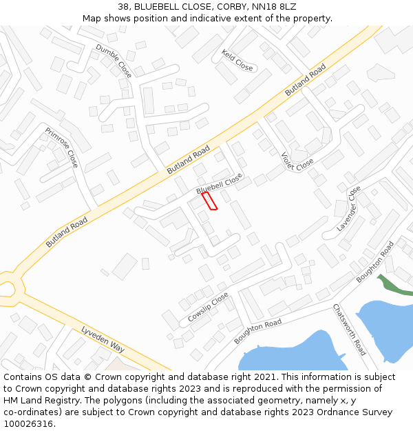 38, BLUEBELL CLOSE, CORBY, NN18 8LZ: Location map and indicative extent of plot