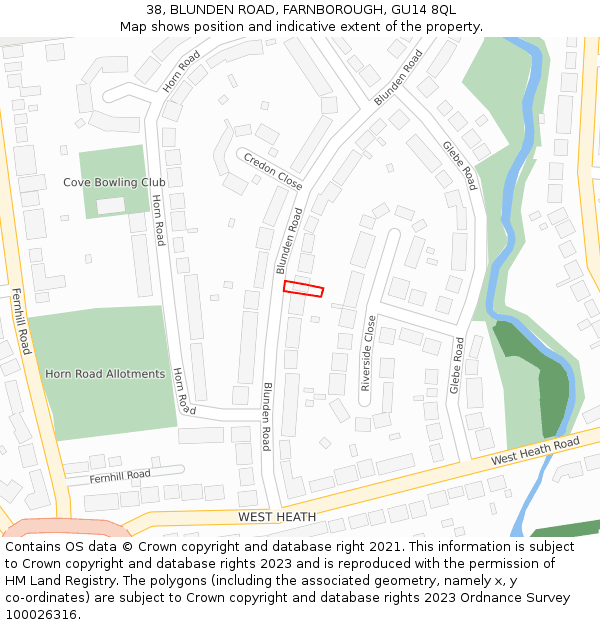 38, BLUNDEN ROAD, FARNBOROUGH, GU14 8QL: Location map and indicative extent of plot