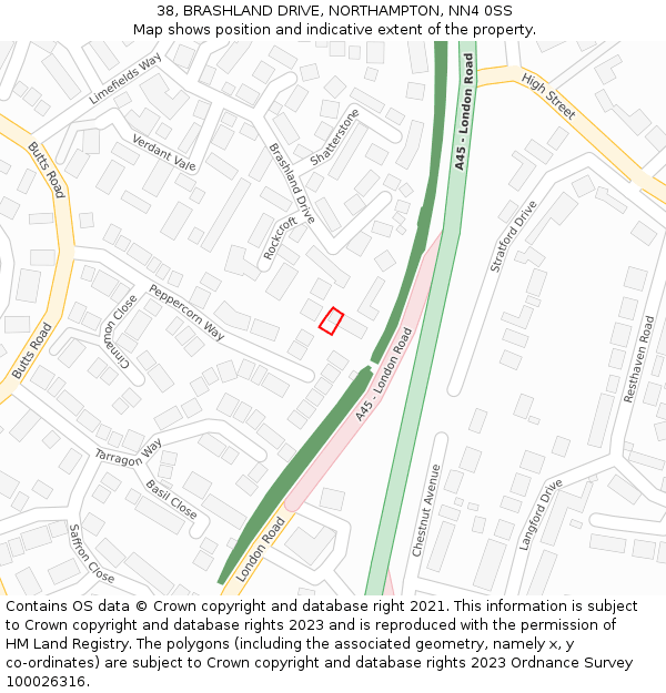 38, BRASHLAND DRIVE, NORTHAMPTON, NN4 0SS: Location map and indicative extent of plot