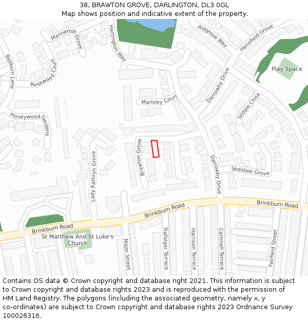 38, BRAWTON GROVE, DARLINGTON, DL3 0GL: Location map and indicative extent of plot