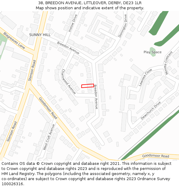 38, BREEDON AVENUE, LITTLEOVER, DERBY, DE23 1LR: Location map and indicative extent of plot