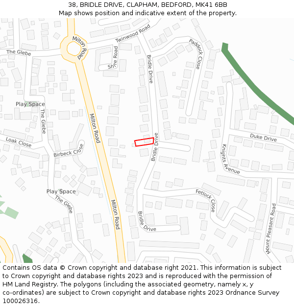 38, BRIDLE DRIVE, CLAPHAM, BEDFORD, MK41 6BB: Location map and indicative extent of plot