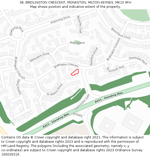 38, BRIDLINGTON CRESCENT, MONKSTON, MILTON KEYNES, MK10 9FH: Location map and indicative extent of plot