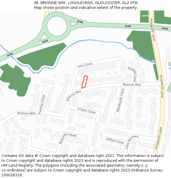 38, BRIONNE WAY, LONGLEVENS, GLOUCESTER, GL2 0TW: Location map and indicative extent of plot