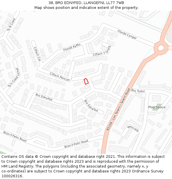 38, BRO EDNYFED, LLANGEFNI, LL77 7WB: Location map and indicative extent of plot