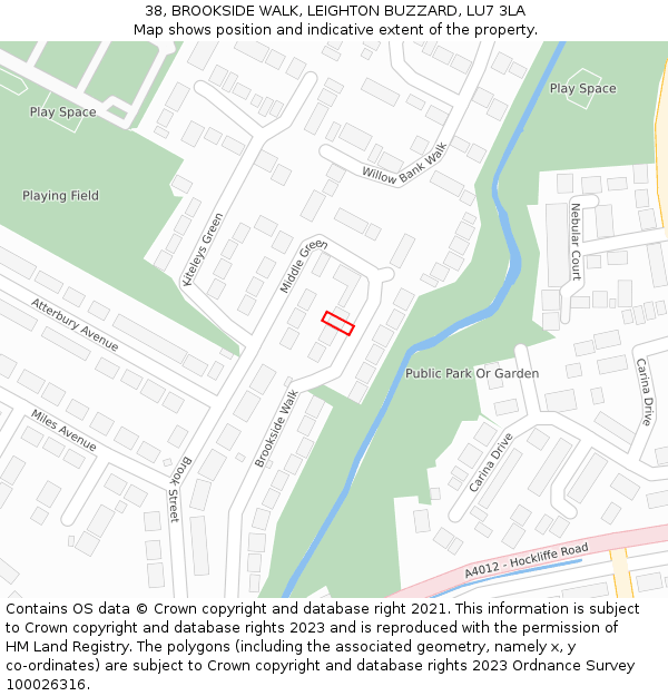 38, BROOKSIDE WALK, LEIGHTON BUZZARD, LU7 3LA: Location map and indicative extent of plot