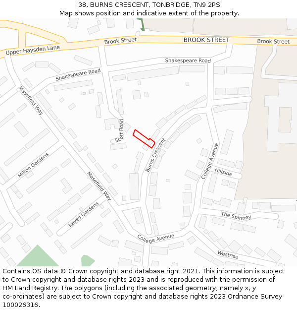 38, BURNS CRESCENT, TONBRIDGE, TN9 2PS: Location map and indicative extent of plot