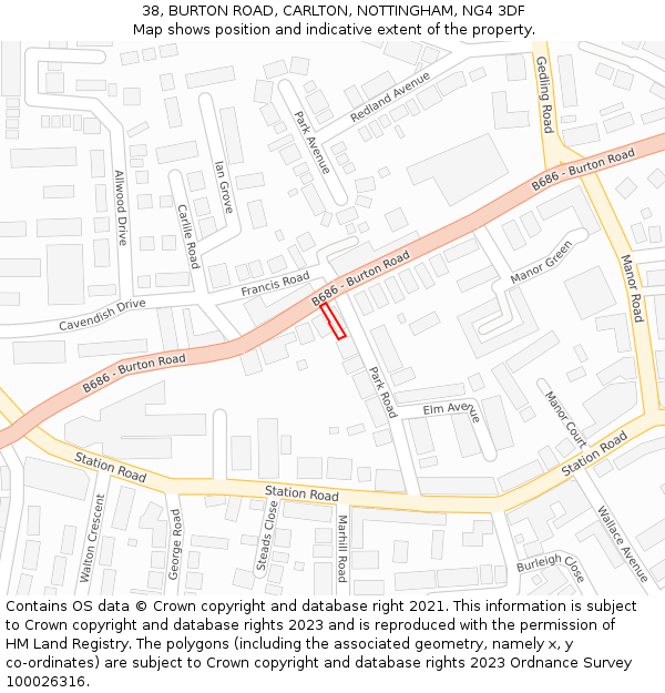 38, BURTON ROAD, CARLTON, NOTTINGHAM, NG4 3DF: Location map and indicative extent of plot