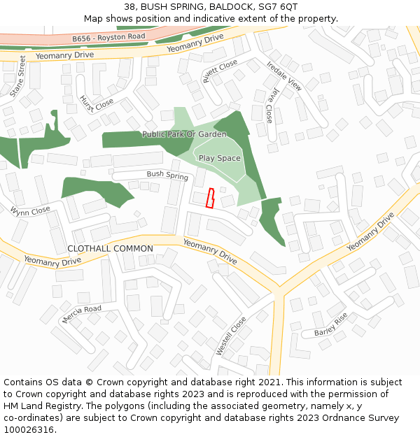 38, BUSH SPRING, BALDOCK, SG7 6QT: Location map and indicative extent of plot