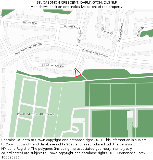 38, CAEDMON CRESCENT, DARLINGTON, DL3 8LF: Location map and indicative extent of plot