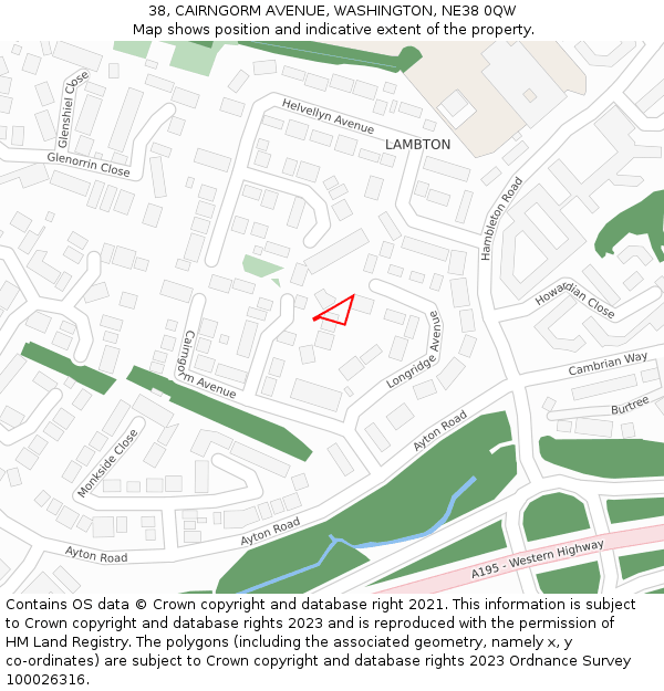 38, CAIRNGORM AVENUE, WASHINGTON, NE38 0QW: Location map and indicative extent of plot