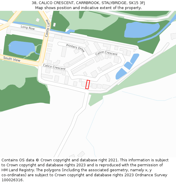 38, CALICO CRESCENT, CARRBROOK, STALYBRIDGE, SK15 3FJ: Location map and indicative extent of plot