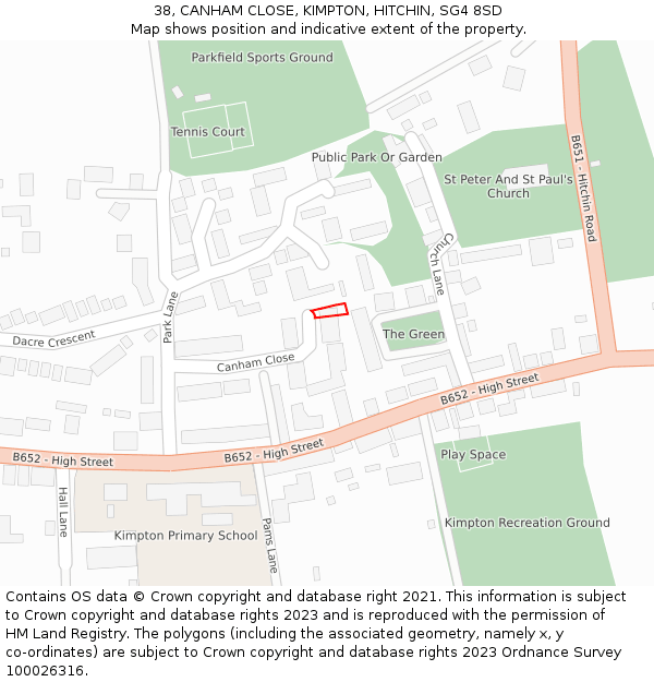 38, CANHAM CLOSE, KIMPTON, HITCHIN, SG4 8SD: Location map and indicative extent of plot