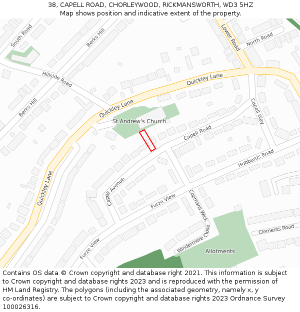 38, CAPELL ROAD, CHORLEYWOOD, RICKMANSWORTH, WD3 5HZ: Location map and indicative extent of plot