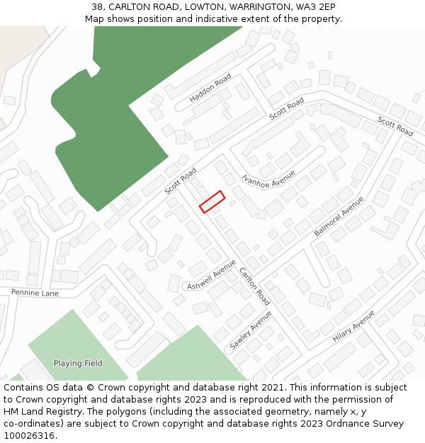 38, CARLTON ROAD, LOWTON, WARRINGTON, WA3 2EP: Location map and indicative extent of plot