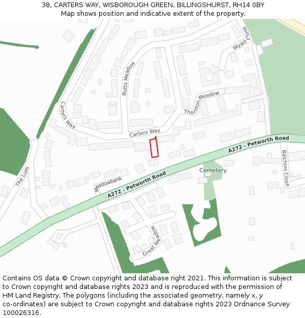 38, CARTERS WAY, WISBOROUGH GREEN, BILLINGSHURST, RH14 0BY: Location map and indicative extent of plot