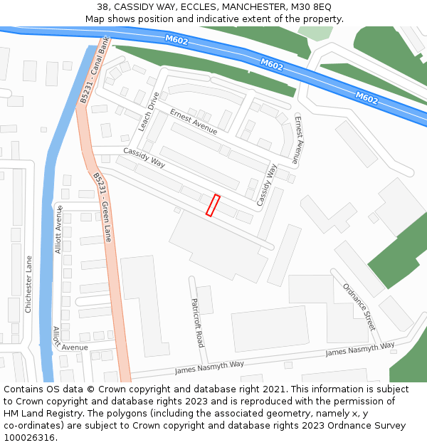 38, CASSIDY WAY, ECCLES, MANCHESTER, M30 8EQ: Location map and indicative extent of plot