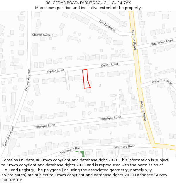 38, CEDAR ROAD, FARNBOROUGH, GU14 7AX: Location map and indicative extent of plot