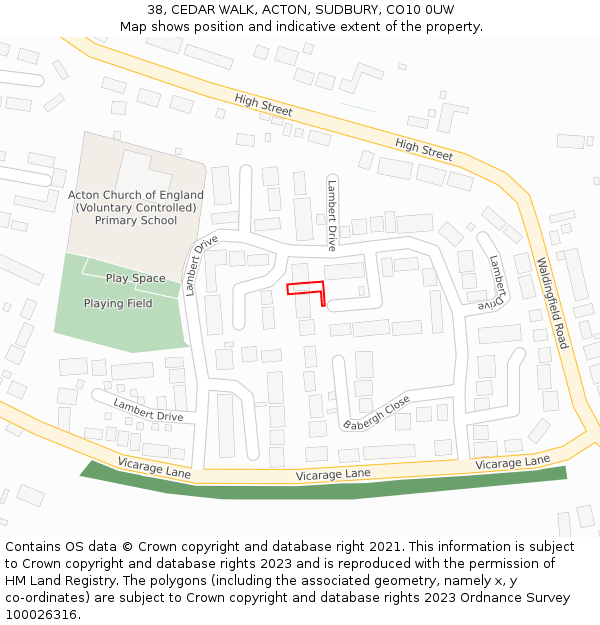 38, CEDAR WALK, ACTON, SUDBURY, CO10 0UW: Location map and indicative extent of plot