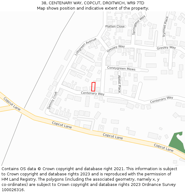 38, CENTENARY WAY, COPCUT, DROITWICH, WR9 7TD: Location map and indicative extent of plot
