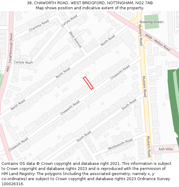 38, CHAWORTH ROAD, WEST BRIDGFORD, NOTTINGHAM, NG2 7AB: Location map and indicative extent of plot