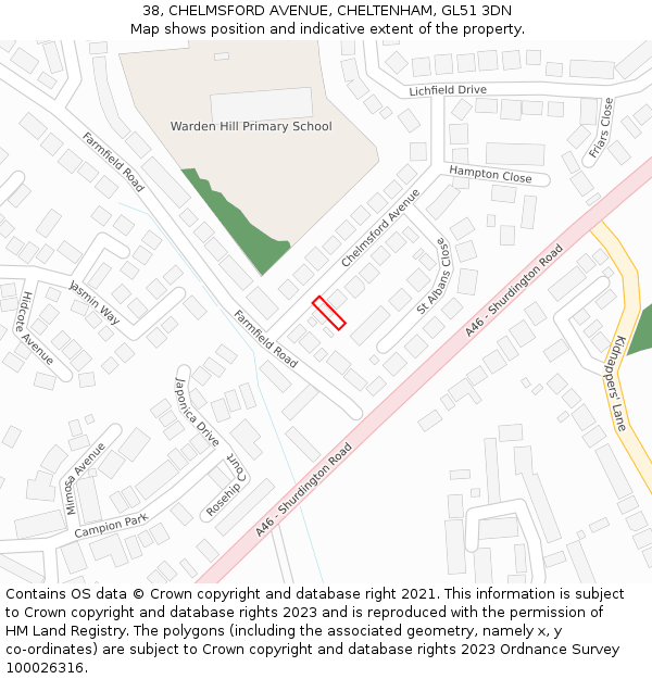 38, CHELMSFORD AVENUE, CHELTENHAM, GL51 3DN: Location map and indicative extent of plot