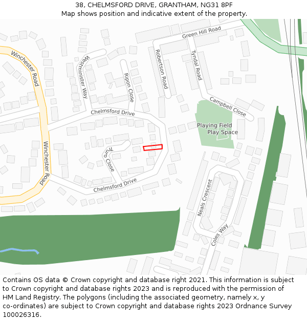 38, CHELMSFORD DRIVE, GRANTHAM, NG31 8PF: Location map and indicative extent of plot