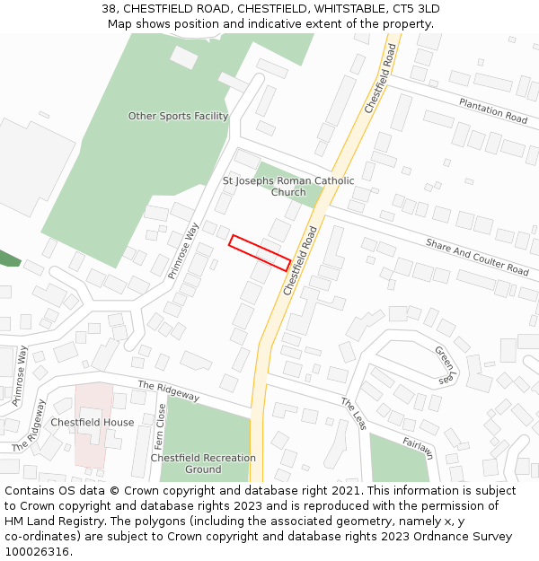 38, CHESTFIELD ROAD, CHESTFIELD, WHITSTABLE, CT5 3LD: Location map and indicative extent of plot