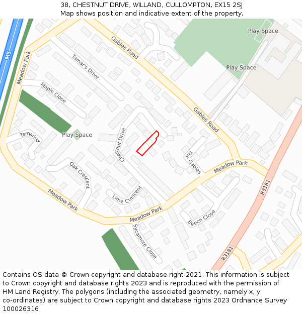 38, CHESTNUT DRIVE, WILLAND, CULLOMPTON, EX15 2SJ: Location map and indicative extent of plot