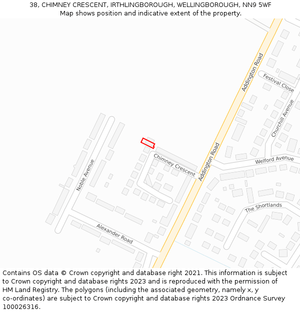 38, CHIMNEY CRESCENT, IRTHLINGBOROUGH, WELLINGBOROUGH, NN9 5WF: Location map and indicative extent of plot