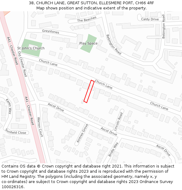 38, CHURCH LANE, GREAT SUTTON, ELLESMERE PORT, CH66 4RF: Location map and indicative extent of plot