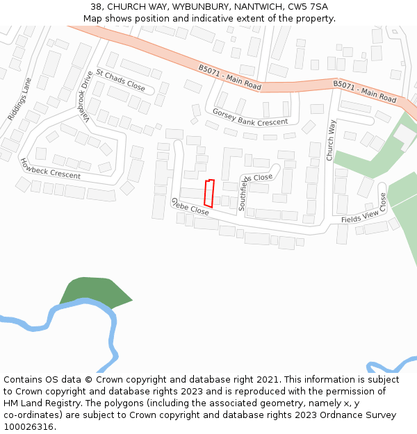 38, CHURCH WAY, WYBUNBURY, NANTWICH, CW5 7SA: Location map and indicative extent of plot