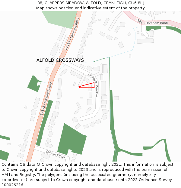 38, CLAPPERS MEADOW, ALFOLD, CRANLEIGH, GU6 8HJ: Location map and indicative extent of plot