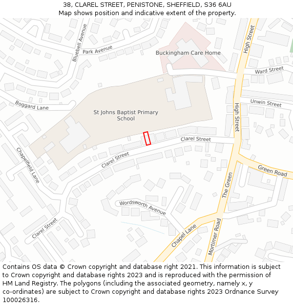 38, CLAREL STREET, PENISTONE, SHEFFIELD, S36 6AU: Location map and indicative extent of plot