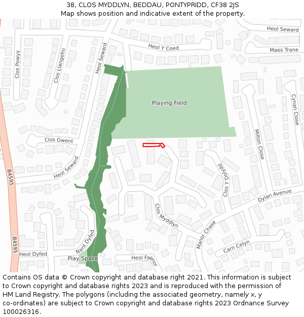 38, CLOS MYDDLYN, BEDDAU, PONTYPRIDD, CF38 2JS: Location map and indicative extent of plot