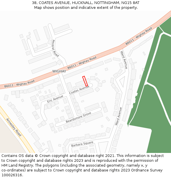 38, COATES AVENUE, HUCKNALL, NOTTINGHAM, NG15 8AT: Location map and indicative extent of plot