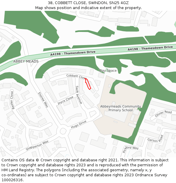 38, COBBETT CLOSE, SWINDON, SN25 4GZ: Location map and indicative extent of plot