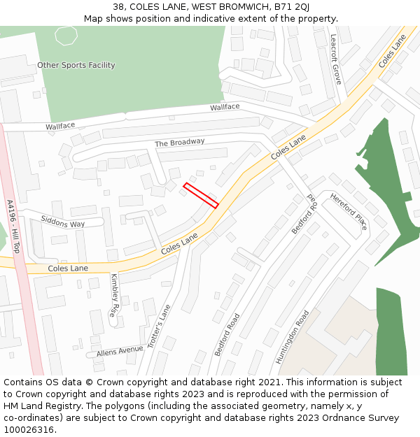 38, COLES LANE, WEST BROMWICH, B71 2QJ: Location map and indicative extent of plot