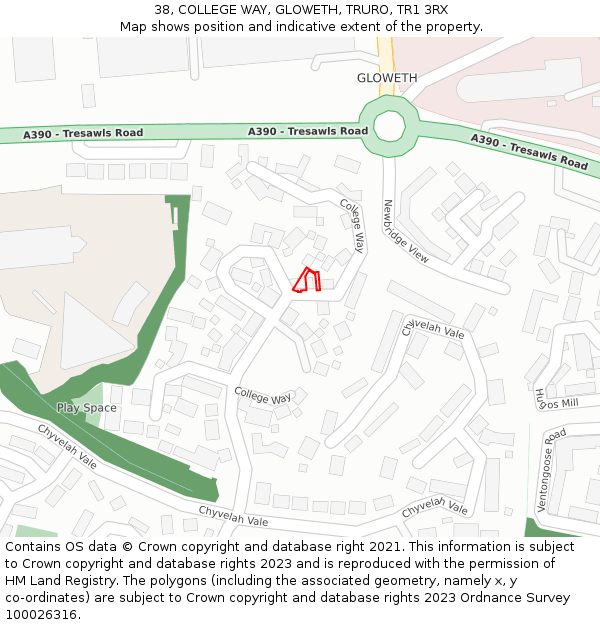 38, COLLEGE WAY, GLOWETH, TRURO, TR1 3RX: Location map and indicative extent of plot