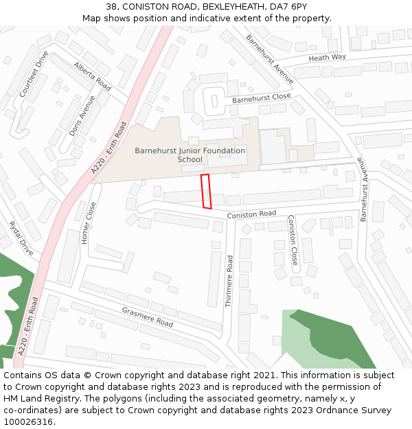 38, CONISTON ROAD, BEXLEYHEATH, DA7 6PY: Location map and indicative extent of plot