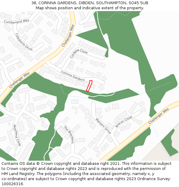 38, CORINNA GARDENS, DIBDEN, SOUTHAMPTON, SO45 5UB: Location map and indicative extent of plot