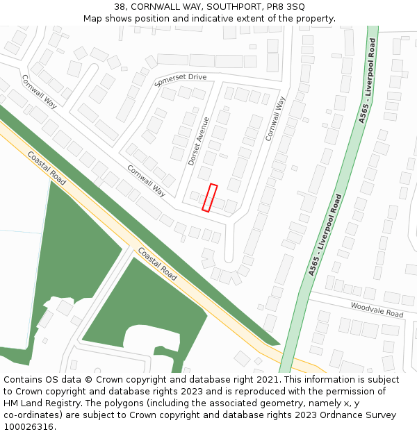 38, CORNWALL WAY, SOUTHPORT, PR8 3SQ: Location map and indicative extent of plot