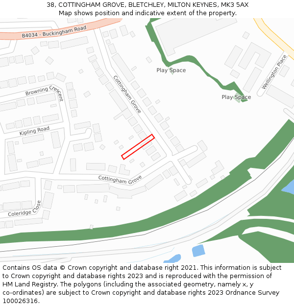 38, COTTINGHAM GROVE, BLETCHLEY, MILTON KEYNES, MK3 5AX: Location map and indicative extent of plot