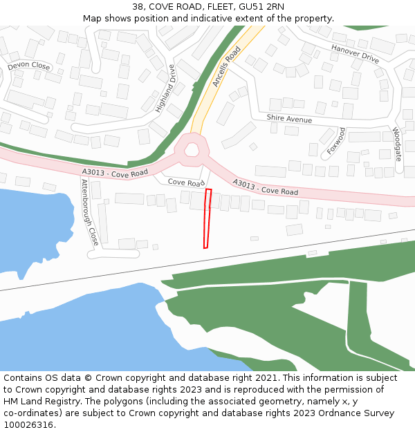 38, COVE ROAD, FLEET, GU51 2RN: Location map and indicative extent of plot