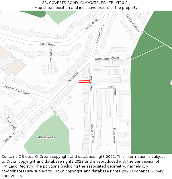 38, COVERTS ROAD, CLAYGATE, ESHER, KT10 0LJ: Location map and indicative extent of plot