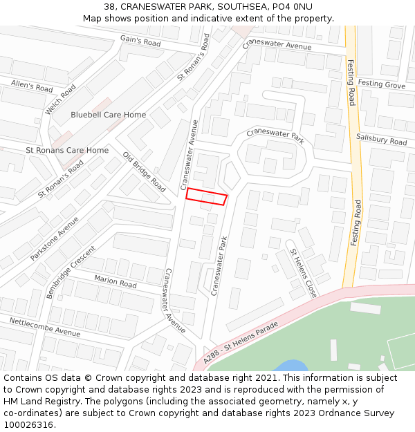 38, CRANESWATER PARK, SOUTHSEA, PO4 0NU: Location map and indicative extent of plot