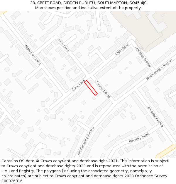 38, CRETE ROAD, DIBDEN PURLIEU, SOUTHAMPTON, SO45 4JS: Location map and indicative extent of plot