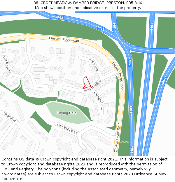 38, CROFT MEADOW, BAMBER BRIDGE, PRESTON, PR5 8HX: Location map and indicative extent of plot