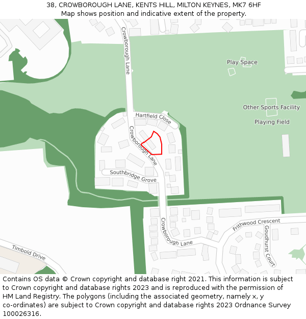 38, CROWBOROUGH LANE, KENTS HILL, MILTON KEYNES, MK7 6HF: Location map and indicative extent of plot