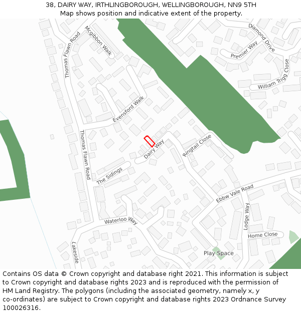 38, DAIRY WAY, IRTHLINGBOROUGH, WELLINGBOROUGH, NN9 5TH: Location map and indicative extent of plot